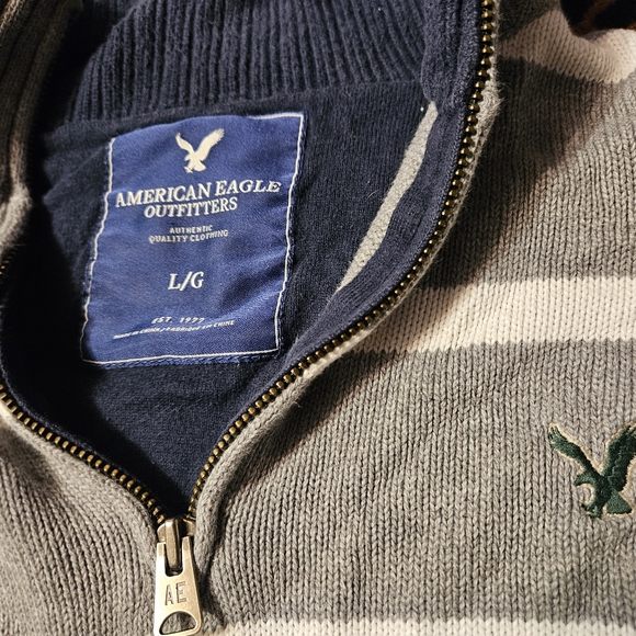 American Eagle Grey/White Striped Sweater ¼ Zipper - Picture 2 of 4